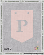 A taped needlepoint canvas with the design: Banner 18 mesh count Pointed P White on Pink.