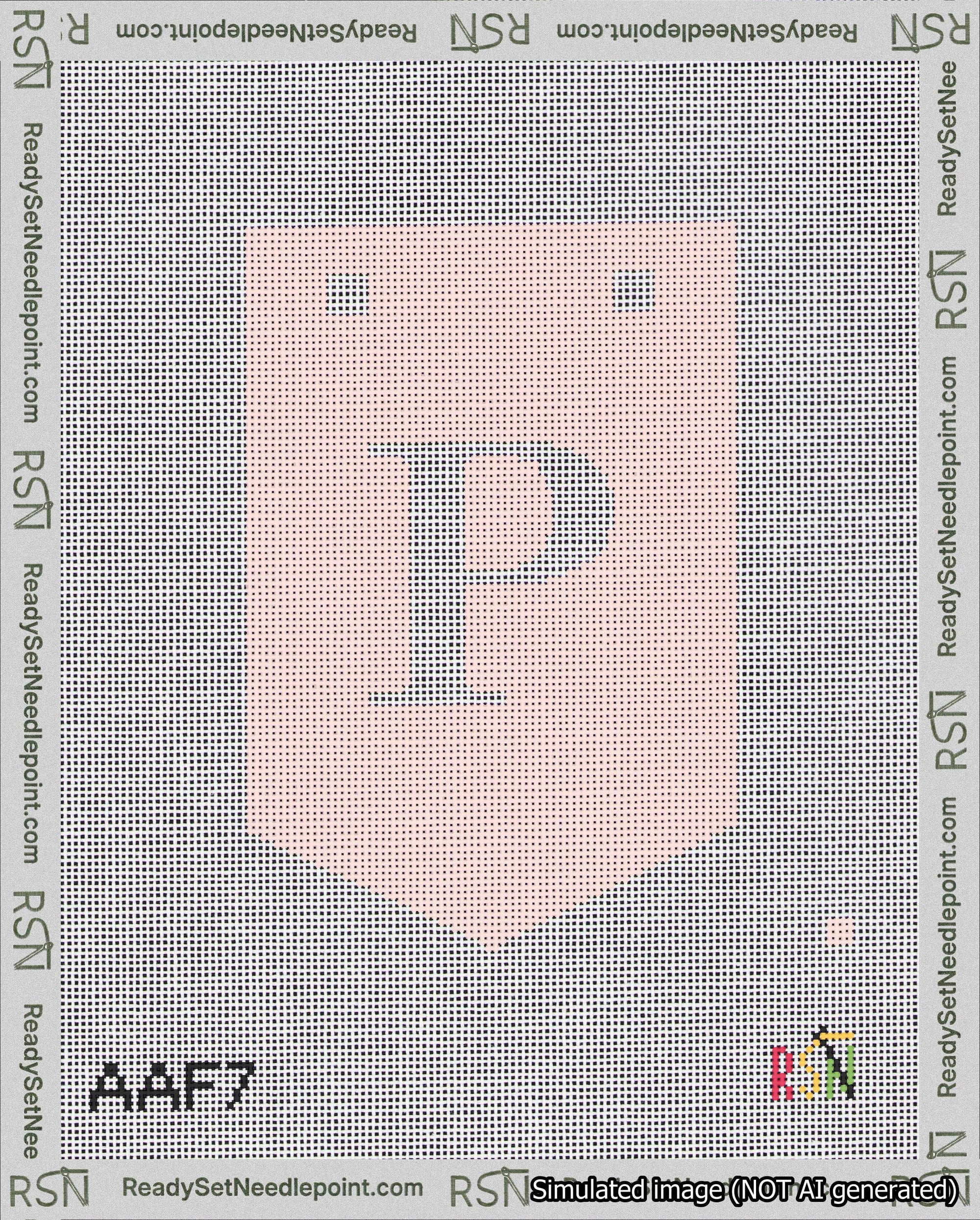 A taped needlepoint canvas with the design: Banner 18 mesh count Pointed P White on Pink.