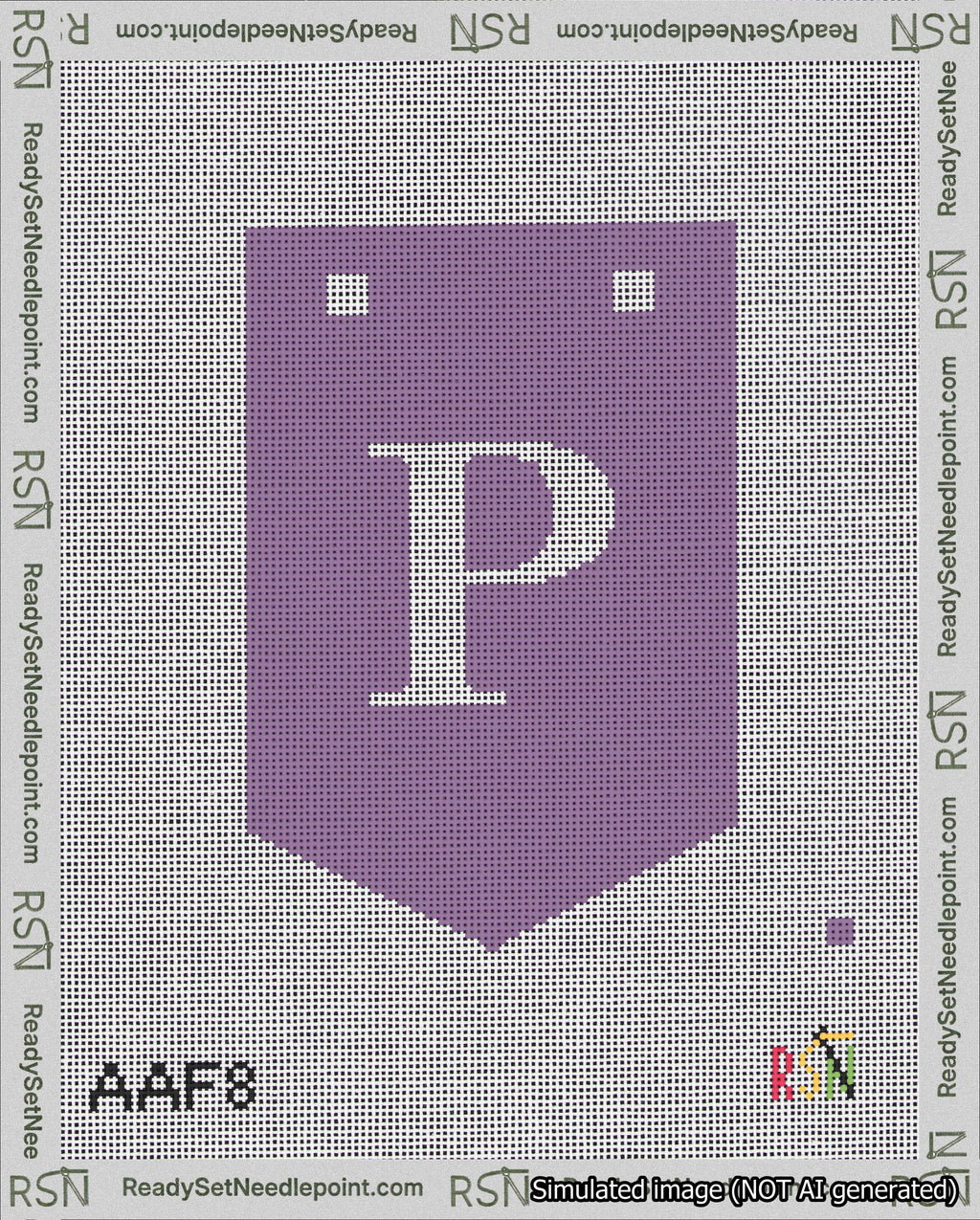 A taped needlepoint canvas with the design: Banner 18 mesh count Pointed P White on Purple.