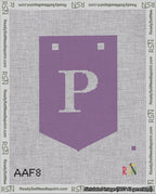 A taped needlepoint canvas with the design: Banner 18 mesh count Pointed P White on Purple.