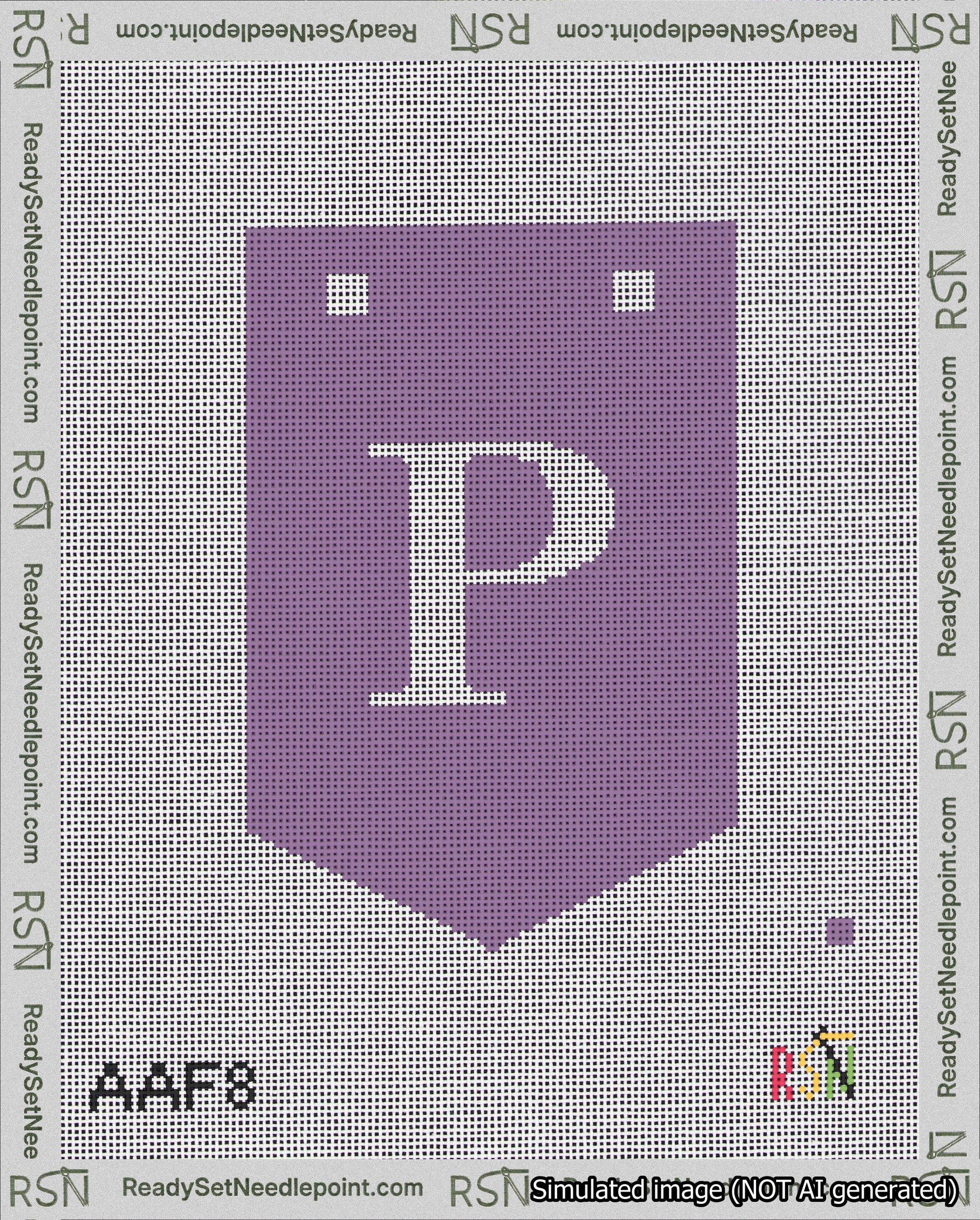 A taped needlepoint canvas with the design: Banner 18 mesh count Pointed P White on Purple.