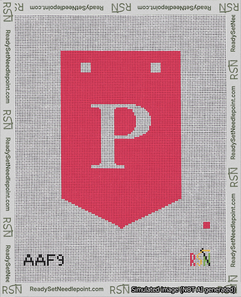 A taped needlepoint canvas with the design: Banner 18 mesh count Pointed P White on Red.
