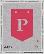 A taped needlepoint canvas with the design: Banner 18 mesh count Pointed P White on Red.
