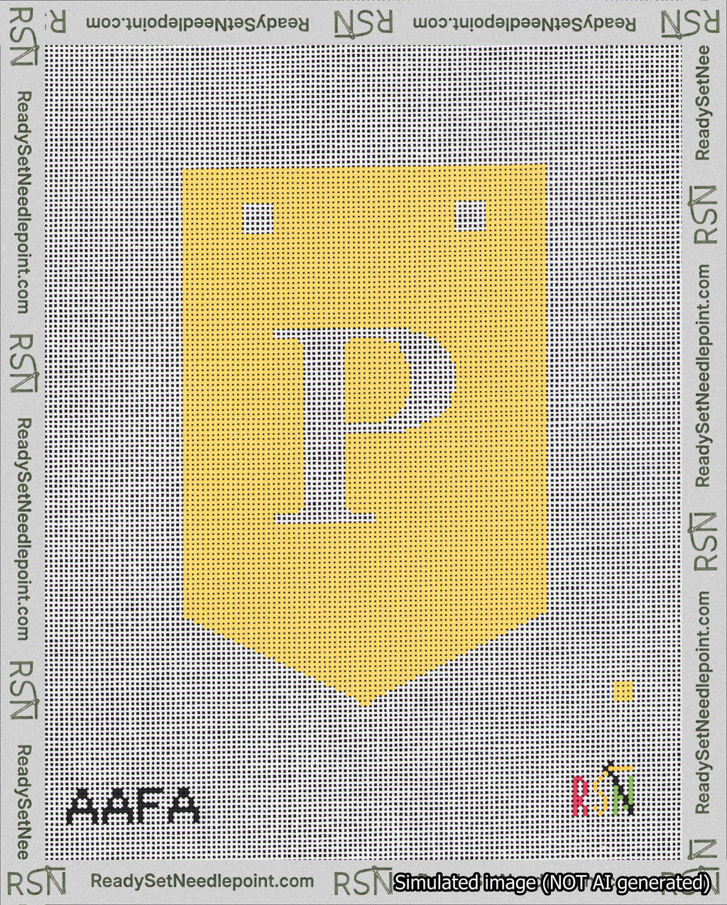 A taped needlepoint canvas with the design: Banner 18 mesh count Pointed P White on Yellow.