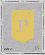 A taped needlepoint canvas with the design: Banner 18 mesh count Pointed P White on Yellow.