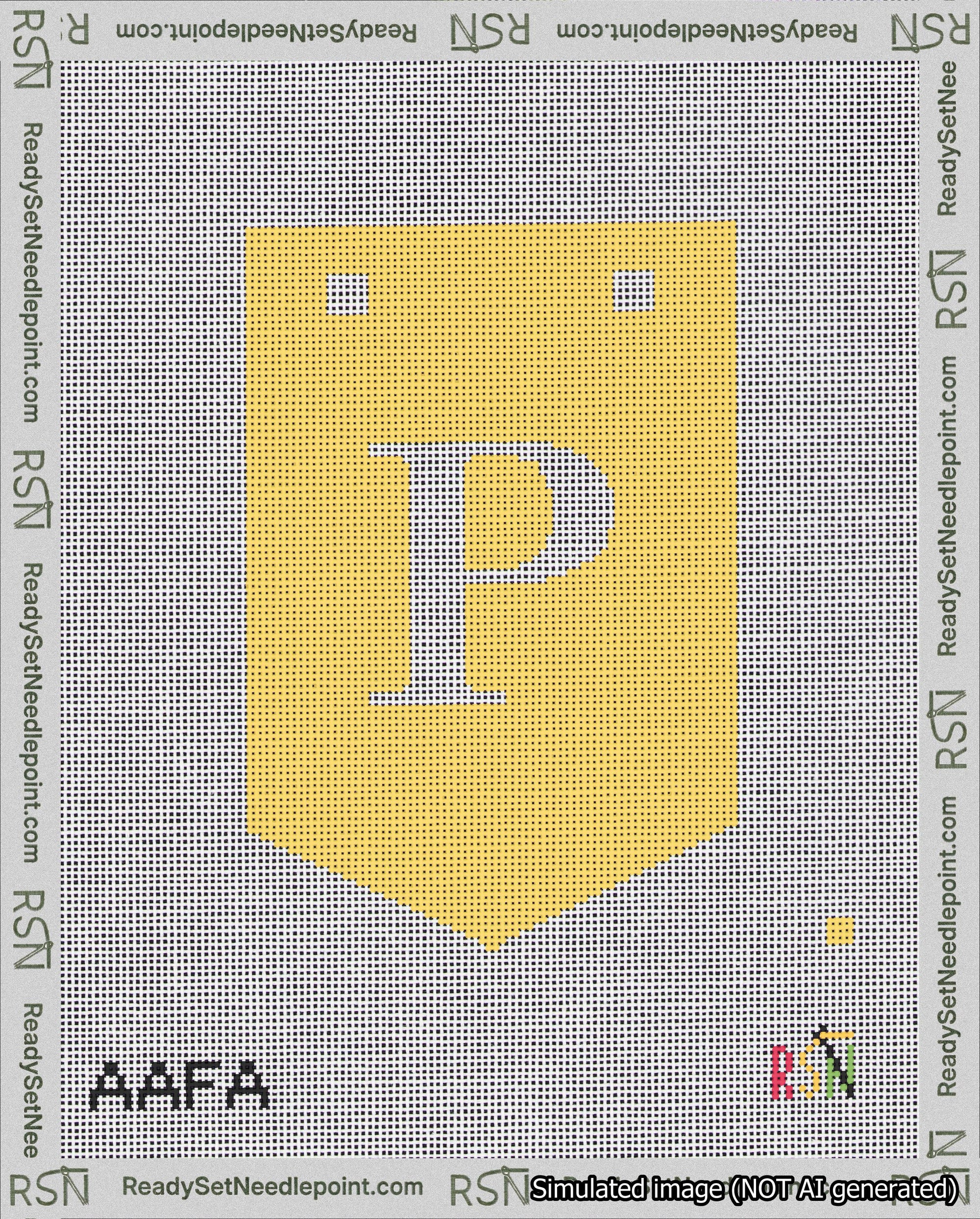 A taped needlepoint canvas with the design: Banner 18 mesh count Pointed P White on Yellow.