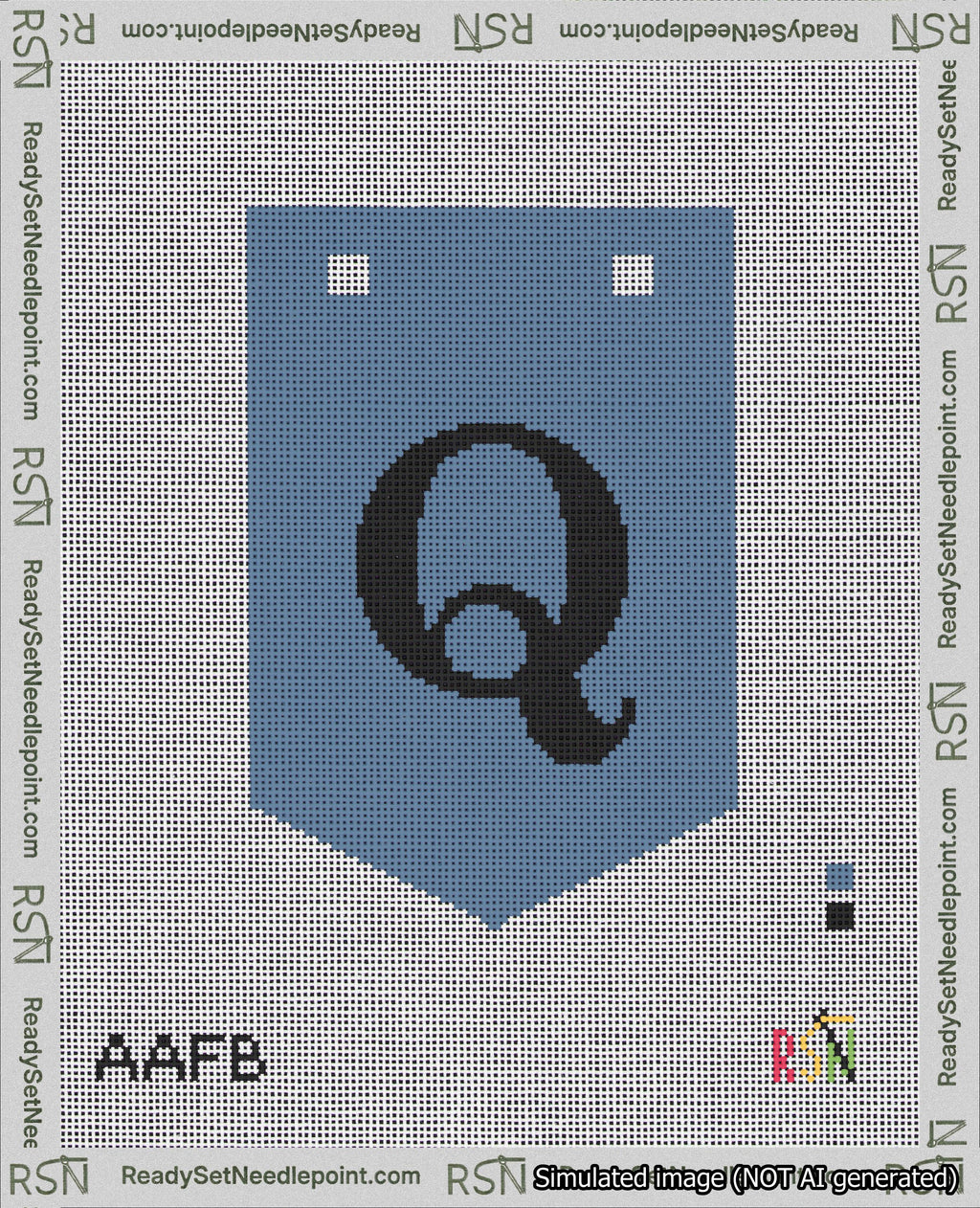 A taped needlepoint canvas with the design: Banner 18 mesh count Pointed Q Black on Blue.