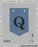 A taped needlepoint canvas with the design: Banner 18 mesh count Pointed Q Black on Blue.