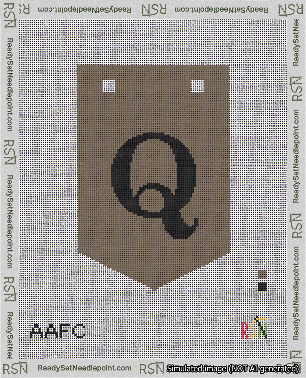 A taped needlepoint canvas with the design: Banner 18 mesh count Pointed Q Black on Brown.