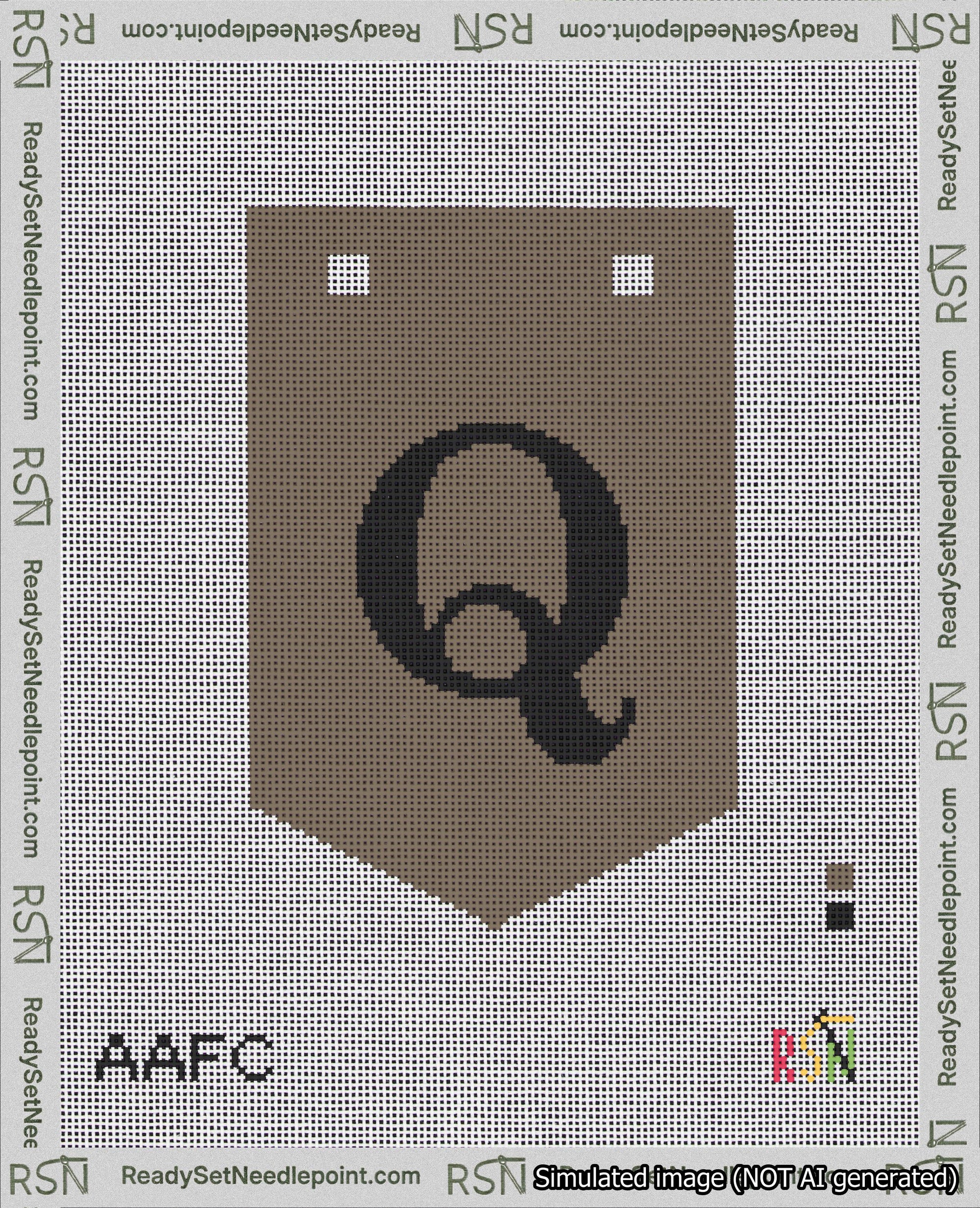 A taped needlepoint canvas with the design: Banner 18 mesh count Pointed Q Black on Brown.