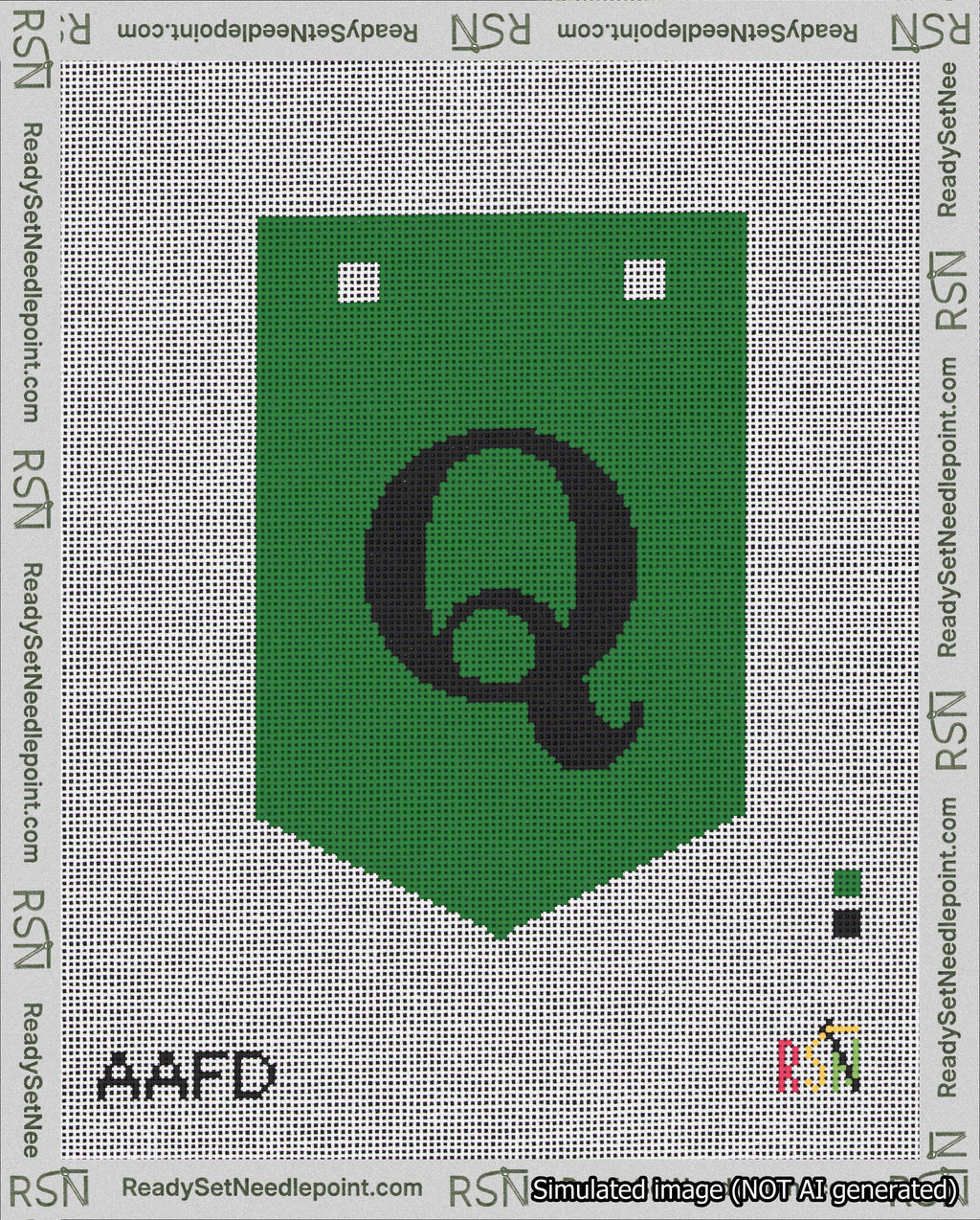 A taped needlepoint canvas with the design: Banner 18 mesh count Pointed Q Black on Green.