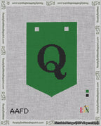 A taped needlepoint canvas with the design: Banner 18 mesh count Pointed Q Black on Green.