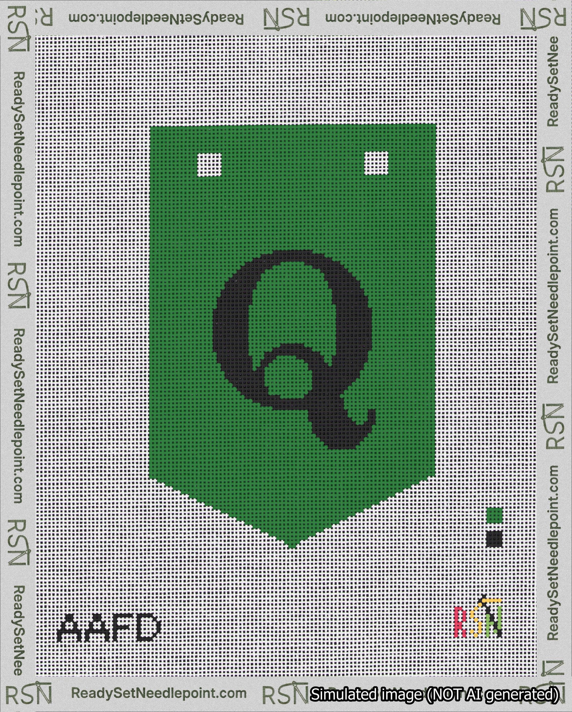 A taped needlepoint canvas with the design: Banner 18 mesh count Pointed Q Black on Green.
