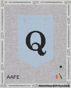 A taped needlepoint canvas with the design: Banner 18 mesh count Pointed Q Black on Light Blue.