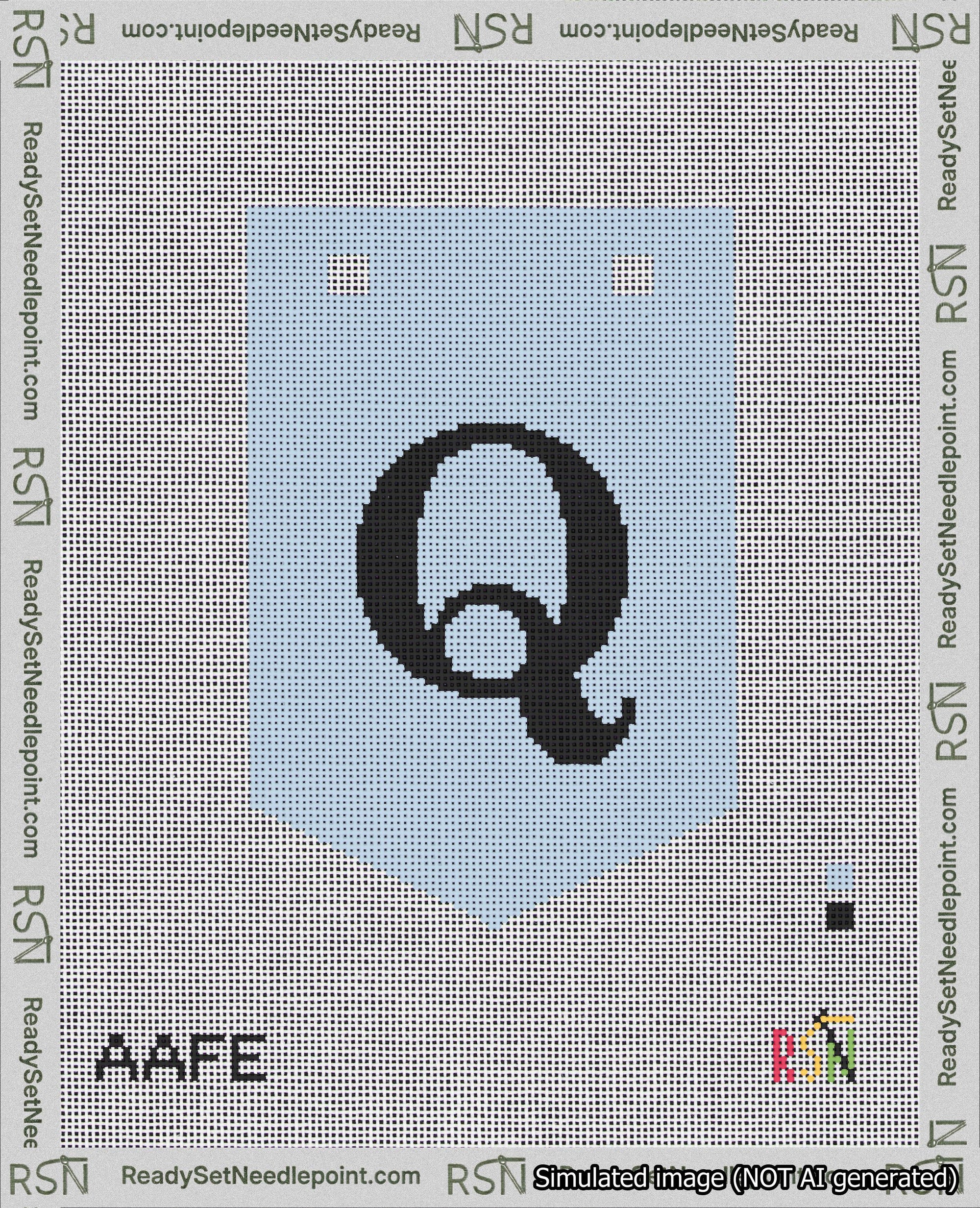 A taped needlepoint canvas with the design: Banner 18 mesh count Pointed Q Black on Light Blue.