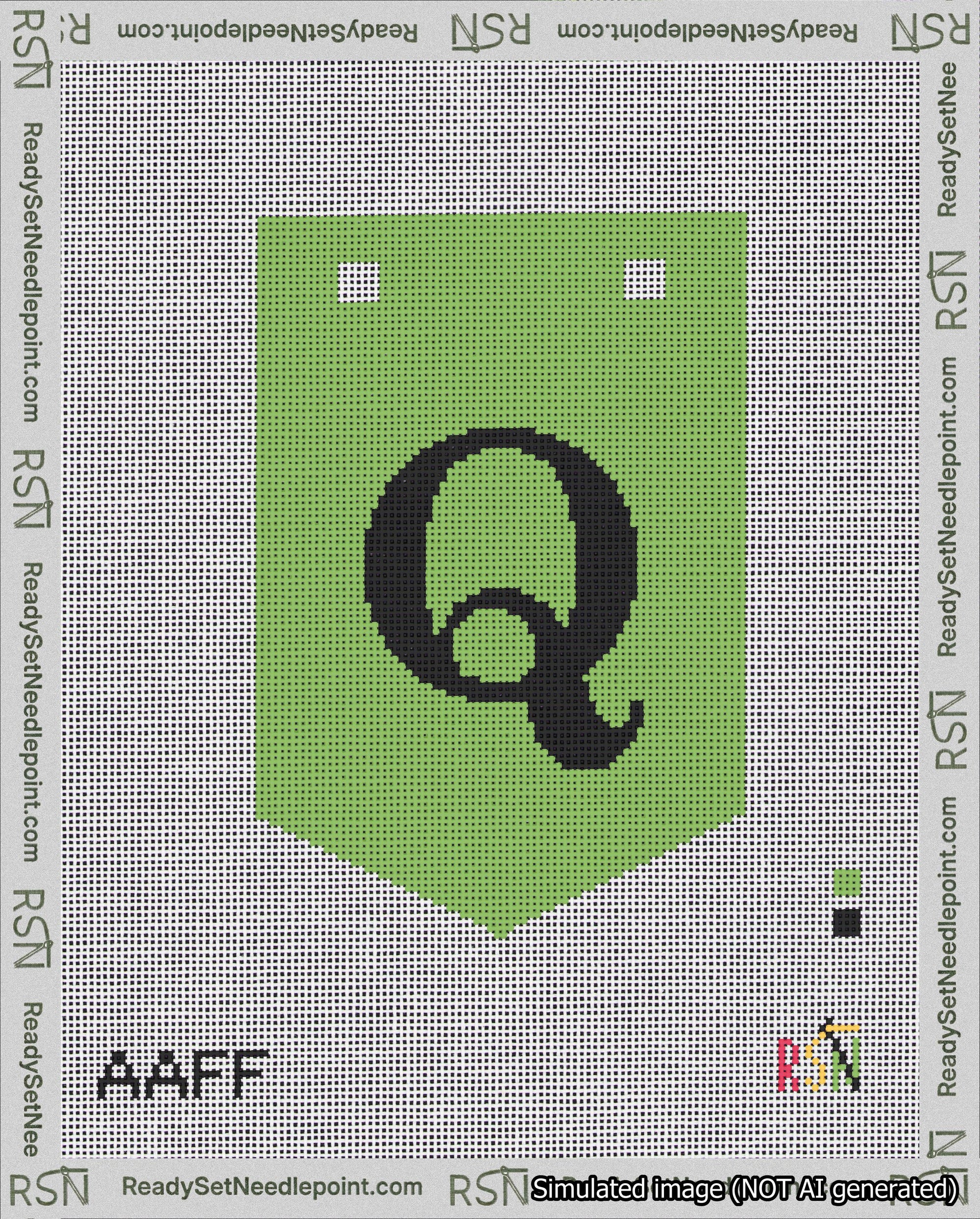 A taped needlepoint canvas with the design: Banner 18 mesh count Pointed Q Black on Light Green.