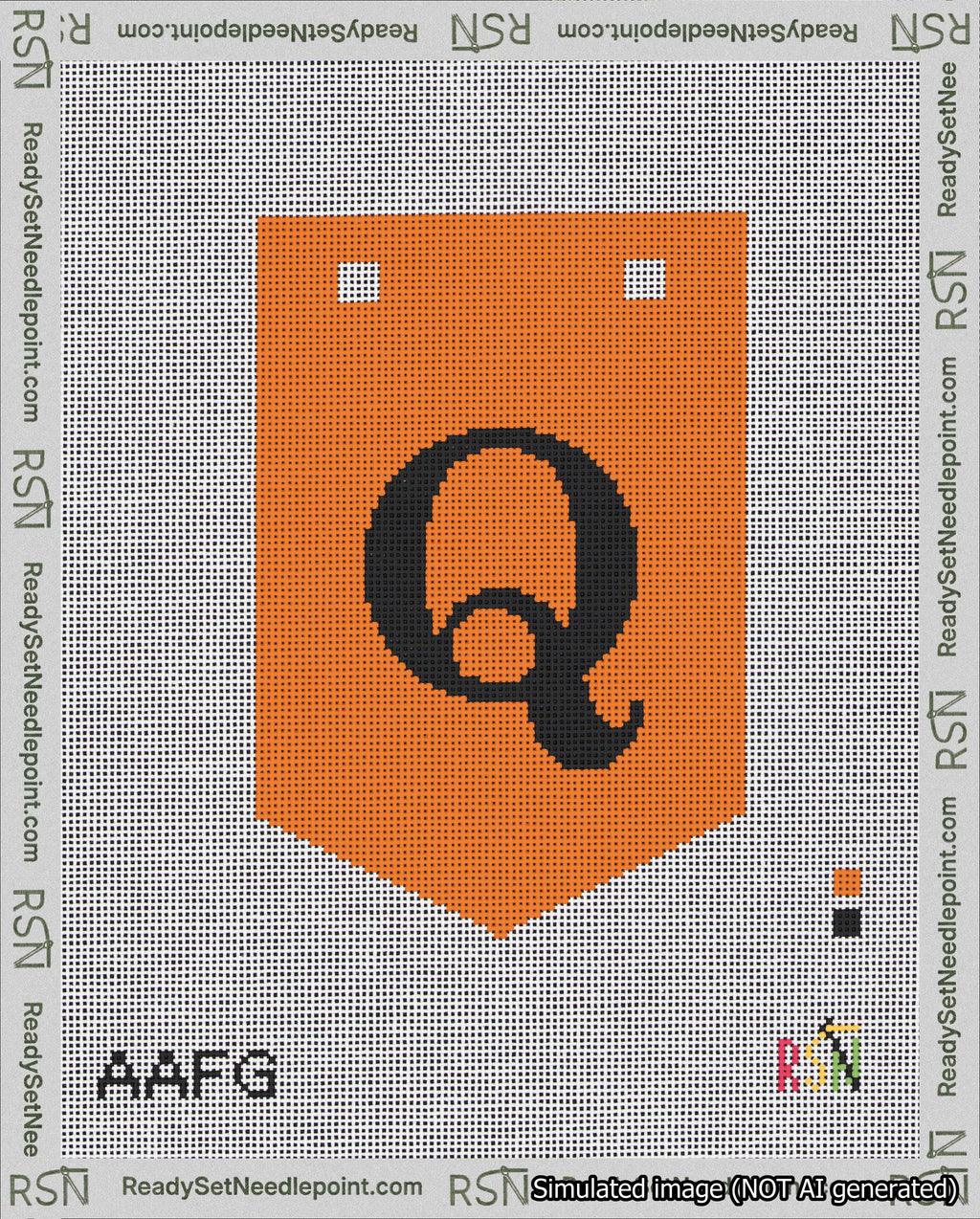 A taped needlepoint canvas with the design: Banner 18 mesh count Pointed Q Black on Orange.