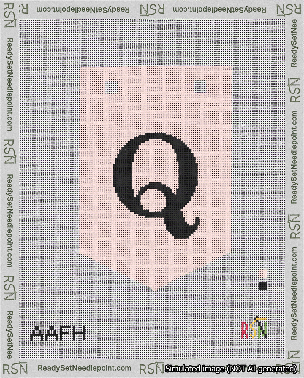 A taped needlepoint canvas with the design: Banner 18 mesh count Pointed Q Black on Pink.