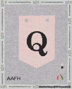 A taped needlepoint canvas with the design: Banner 18 mesh count Pointed Q Black on Pink.