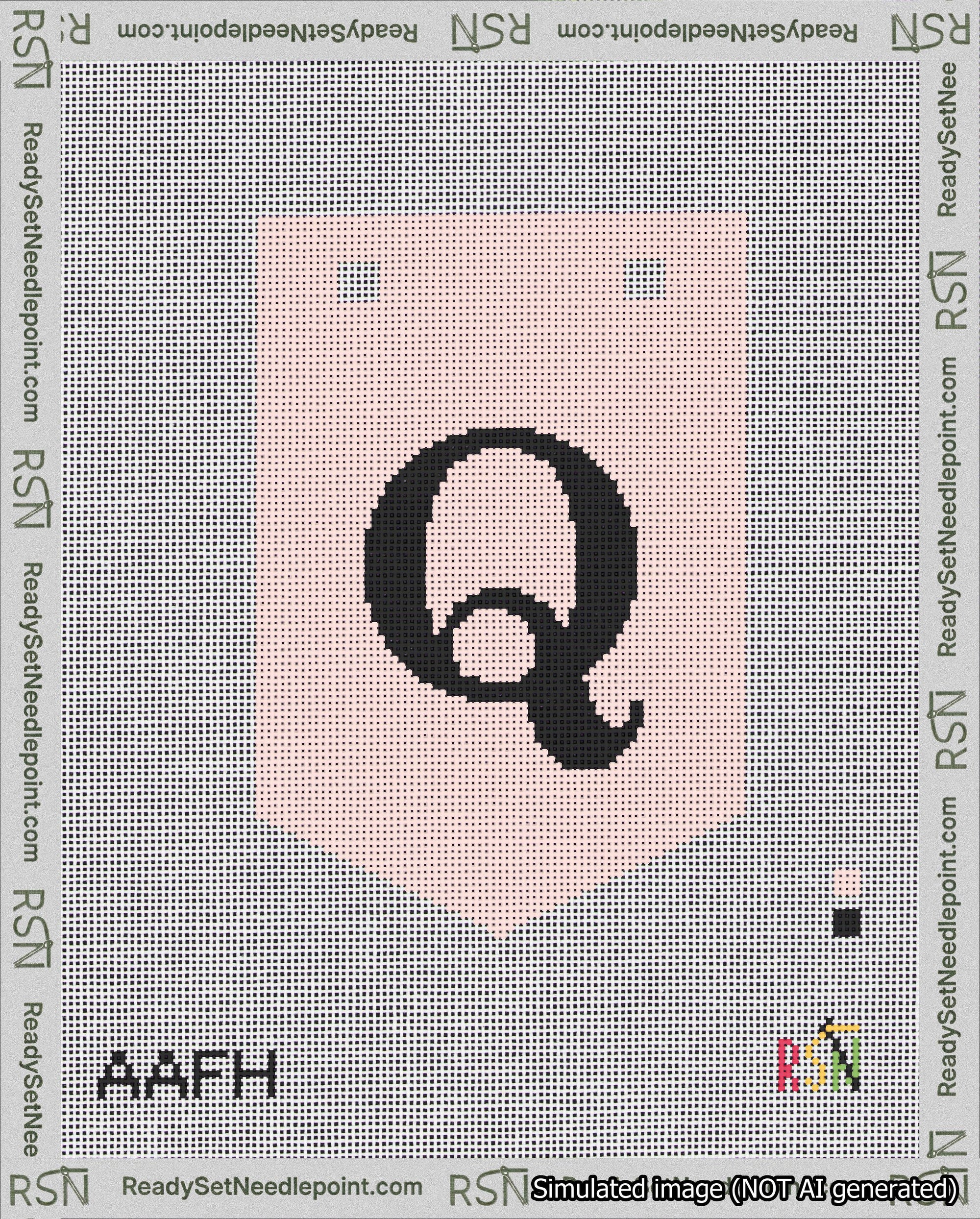 A taped needlepoint canvas with the design: Banner 18 mesh count Pointed Q Black on Pink.
