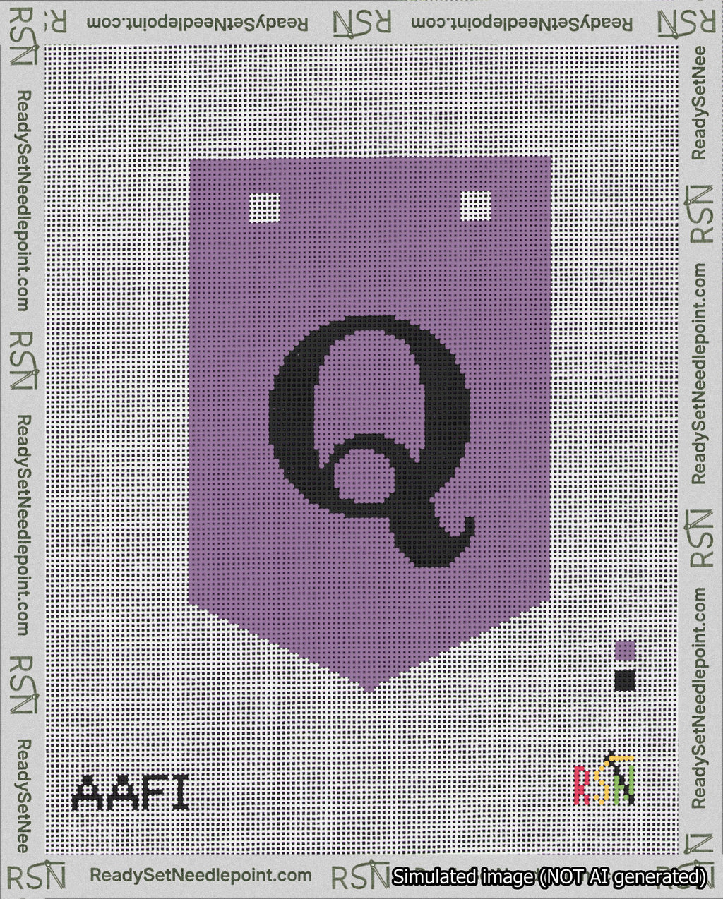 A taped needlepoint canvas with the design: Banner 18 mesh count Pointed Q Black on Purple.