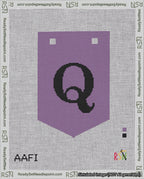 A taped needlepoint canvas with the design: Banner 18 mesh count Pointed Q Black on Purple.