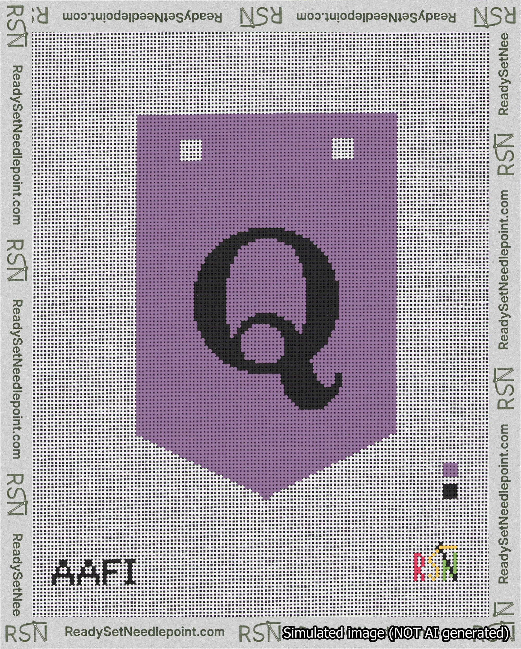 A taped needlepoint canvas with the design: Banner 18 mesh count Pointed Q Black on Purple.