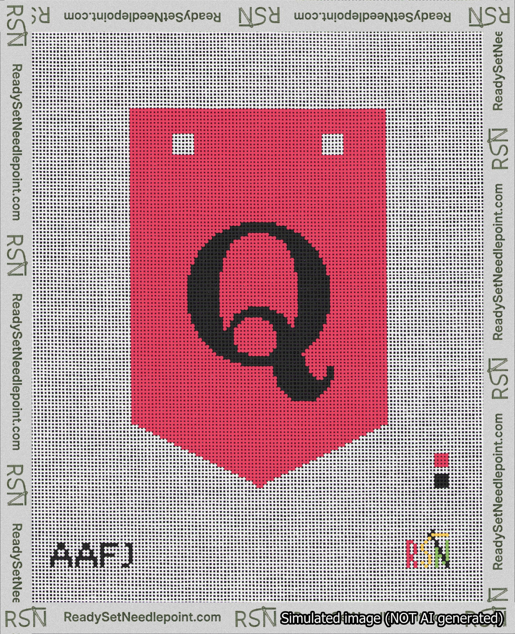 A taped needlepoint canvas with the design: Banner 18 mesh count Pointed Q Black on Red.