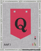 A taped needlepoint canvas with the design: Banner 18 mesh count Pointed Q Black on Red.