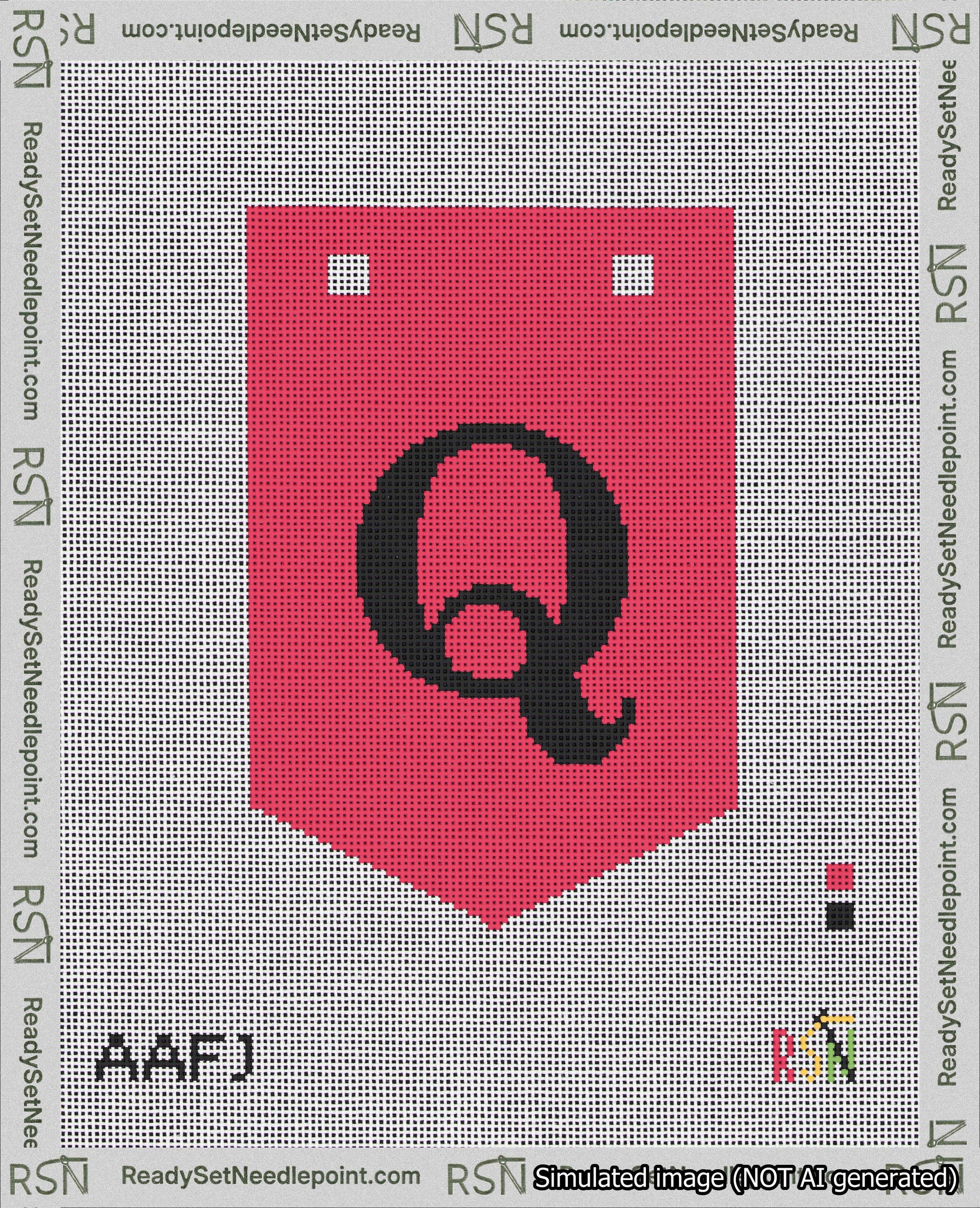 A taped needlepoint canvas with the design: Banner 18 mesh count Pointed Q Black on Red.