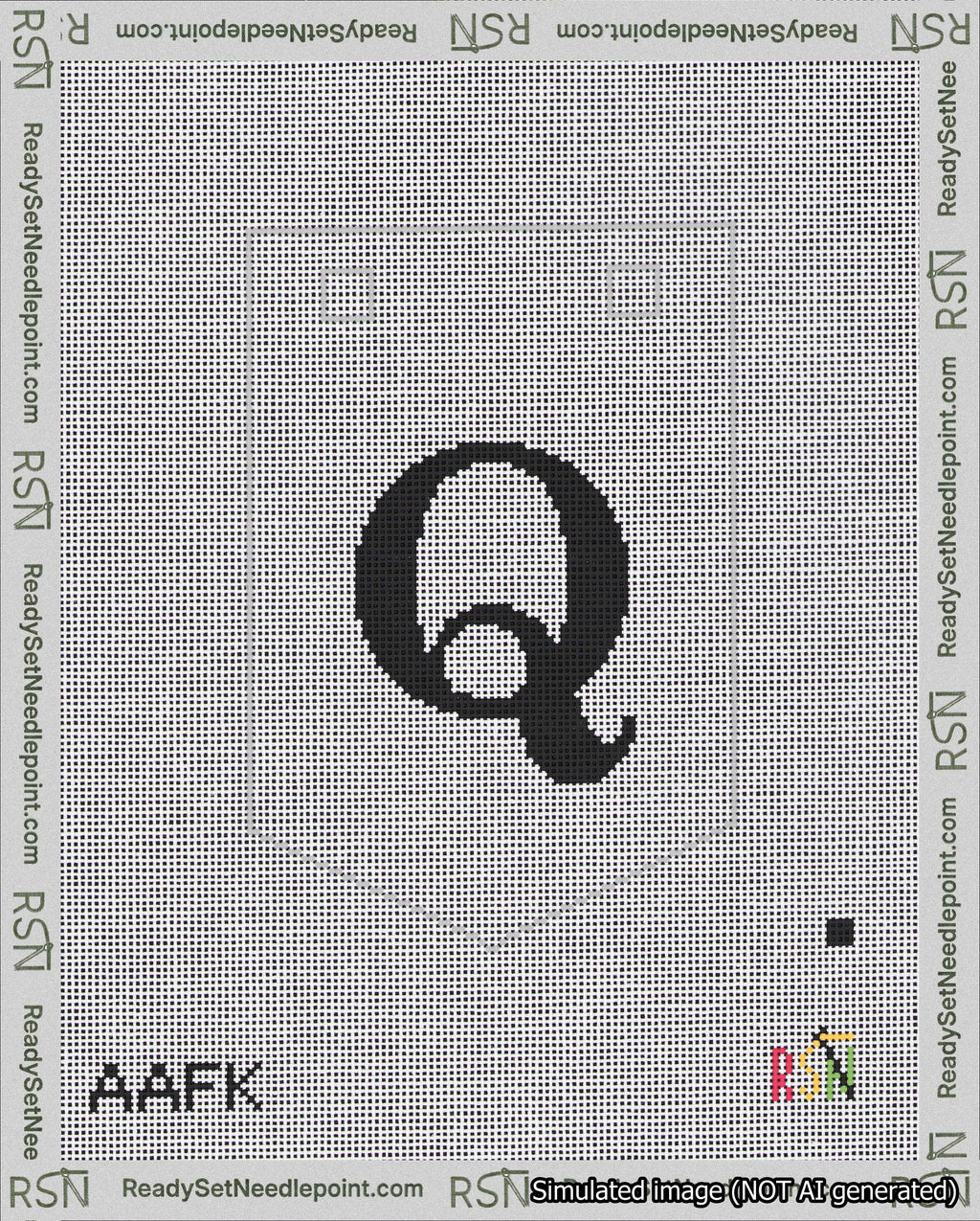 A taped needlepoint canvas with the design: Banner 18 mesh count Pointed Q Black on White.