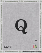 A taped needlepoint canvas with the design: Banner 18 mesh count Pointed Q Black on White.