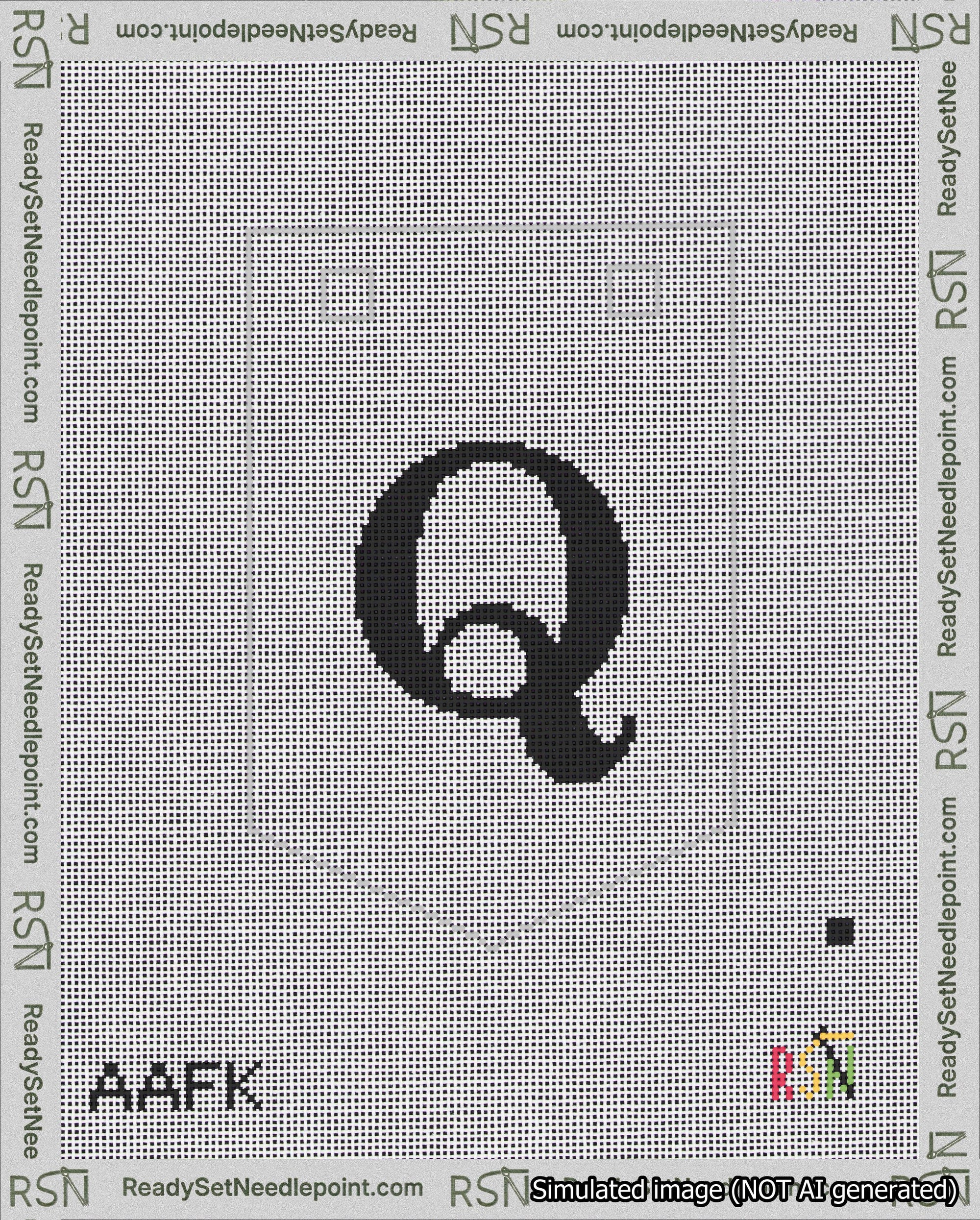 A taped needlepoint canvas with the design: Banner 18 mesh count Pointed Q Black on White.