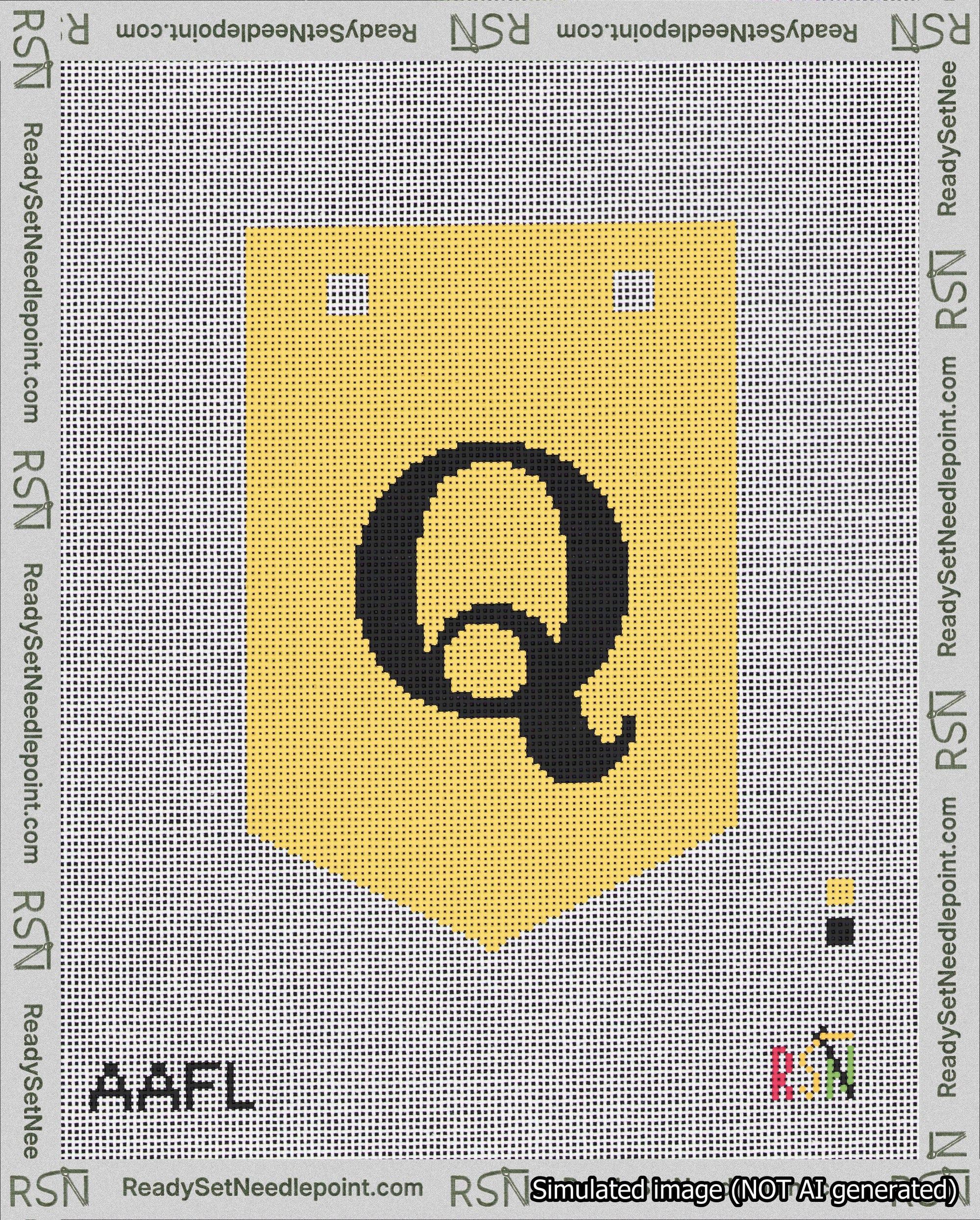 A taped needlepoint canvas with the design: Banner 18 mesh count Pointed Q Black on Yellow.