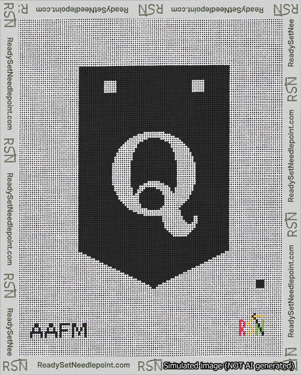 A taped needlepoint canvas with the design: Banner 18 mesh count Pointed Q White on Black.