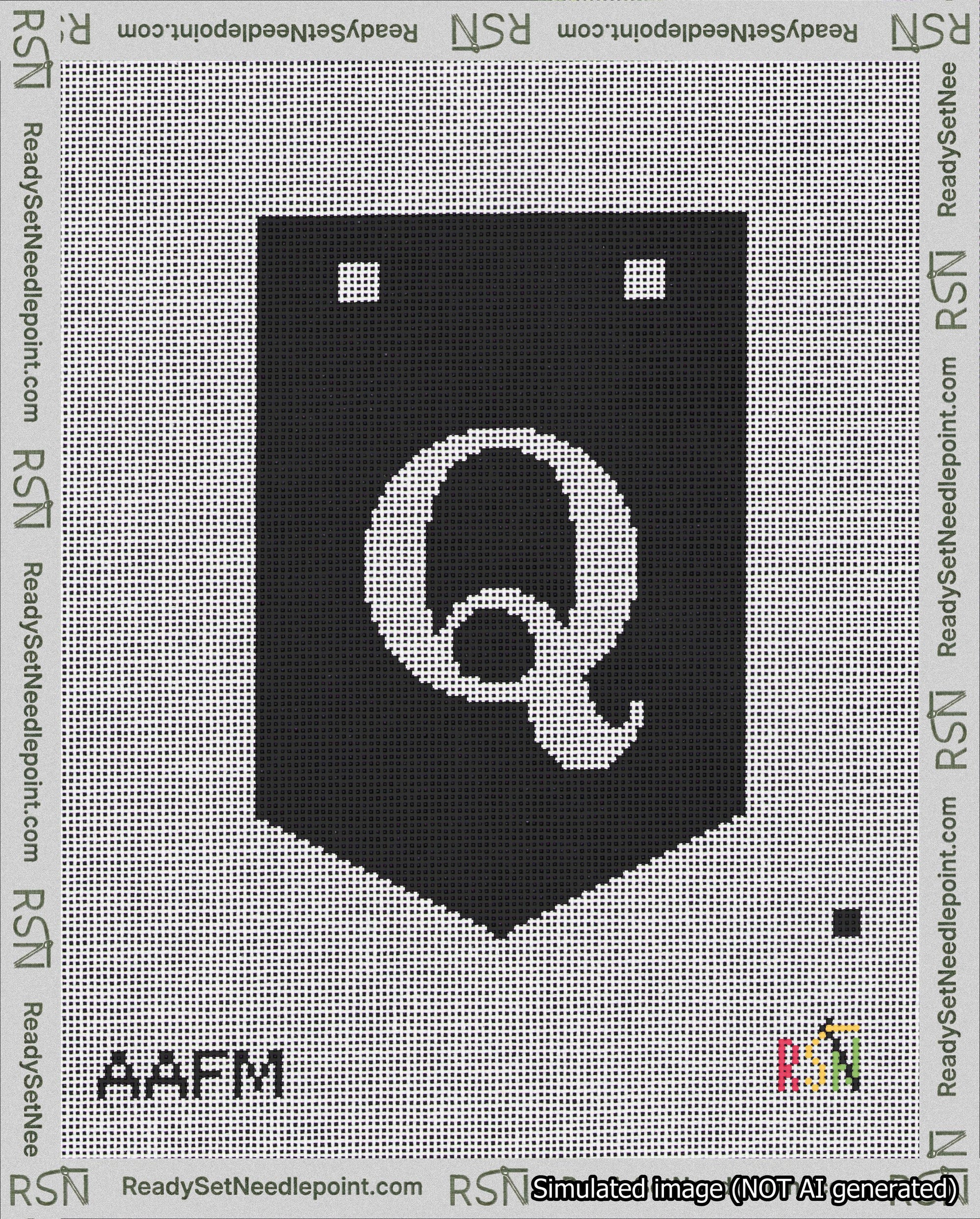 A taped needlepoint canvas with the design: Banner 18 mesh count Pointed Q White on Black.