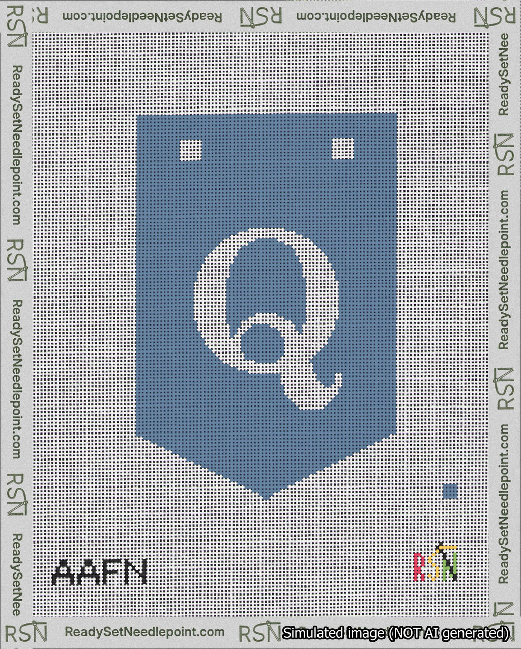 A taped needlepoint canvas with the design: Banner 18 mesh count Pointed Q White on Blue.