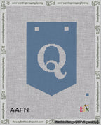 A taped needlepoint canvas with the design: Banner 18 mesh count Pointed Q White on Blue.