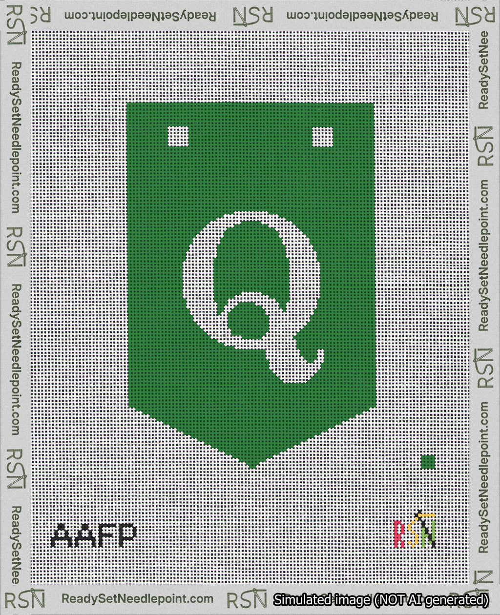 A taped needlepoint canvas with the design: Banner 18 mesh count Pointed Q White on Green.