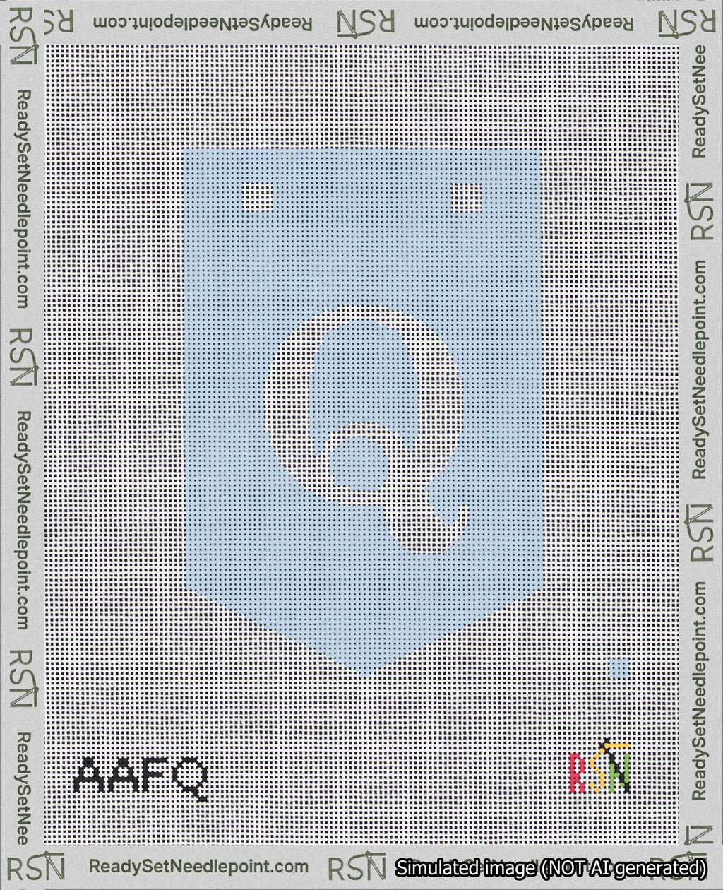 A taped needlepoint canvas with the design: Banner 18 mesh count Pointed Q White on Light Blue.