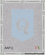 A taped needlepoint canvas with the design: Banner 18 mesh count Pointed Q White on Light Blue.