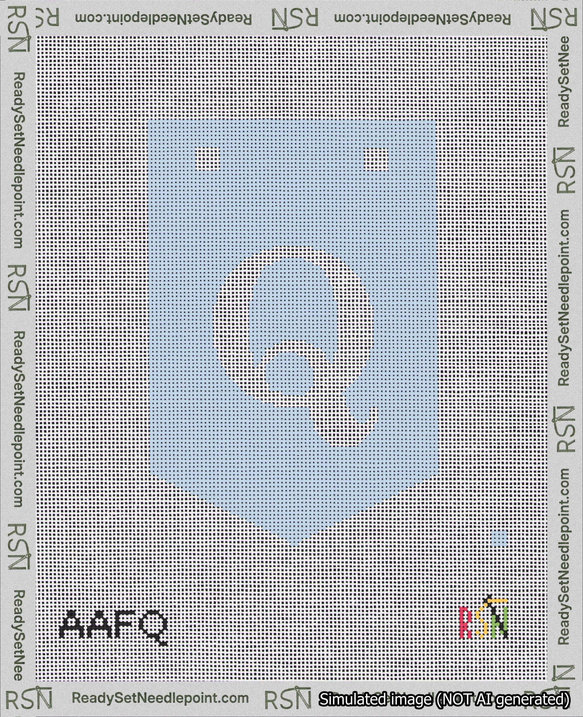 A taped needlepoint canvas with the design: Banner 18 mesh count Pointed Q White on Light Blue.
