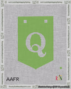 A taped needlepoint canvas with the design: Banner 18 mesh count Pointed Q White on Light Green.