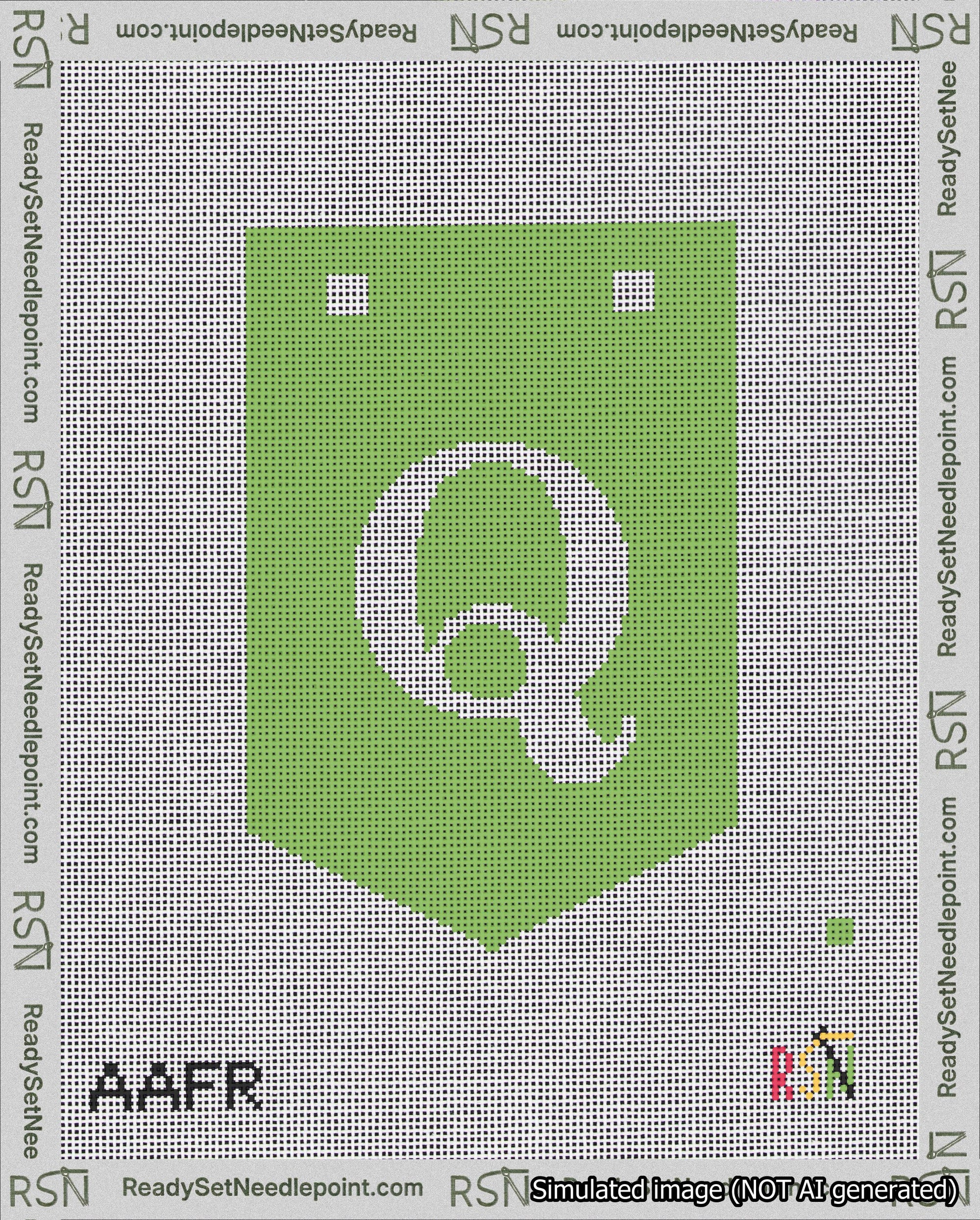 A taped needlepoint canvas with the design: Banner 18 mesh count Pointed Q White on Light Green.