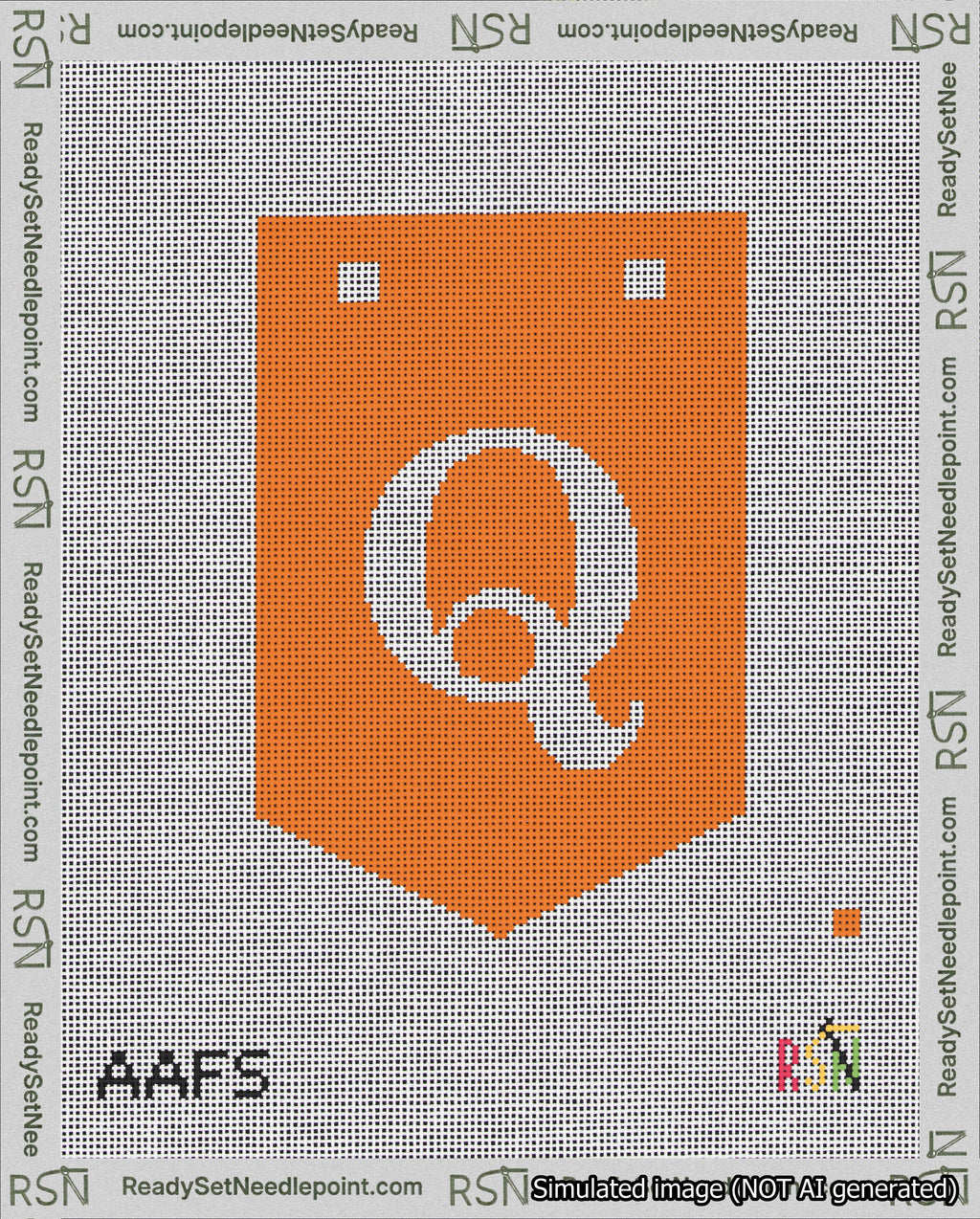 A taped needlepoint canvas with the design: Banner 18 mesh count Pointed Q White on Orange.