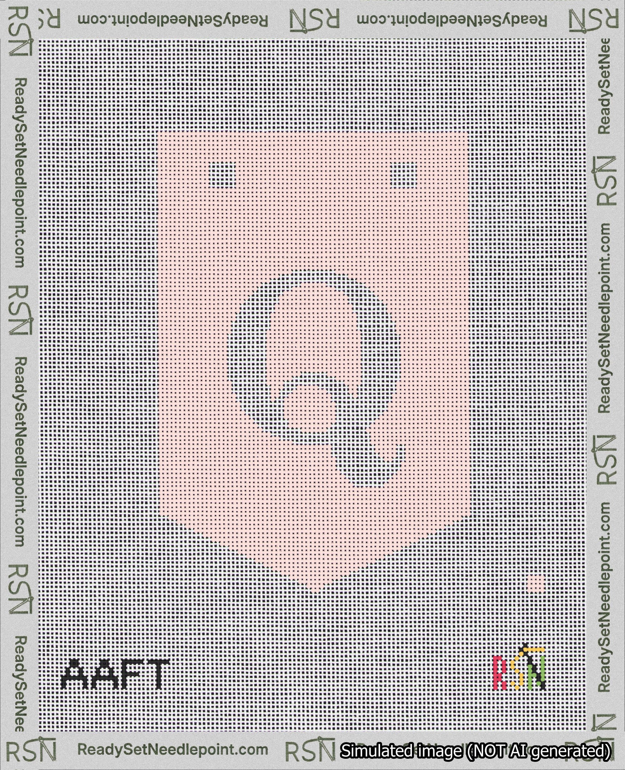 A taped needlepoint canvas with the design: Banner 18 mesh count Pointed Q White on Pink.