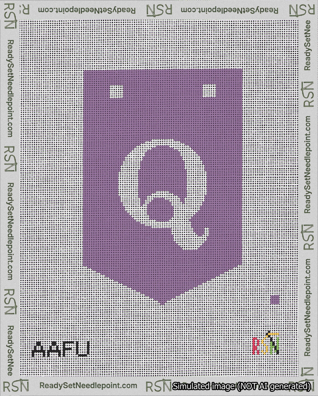 A taped needlepoint canvas with the design: Banner 18 mesh count Pointed Q White on Purple.