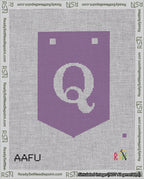 A taped needlepoint canvas with the design: Banner 18 mesh count Pointed Q White on Purple.