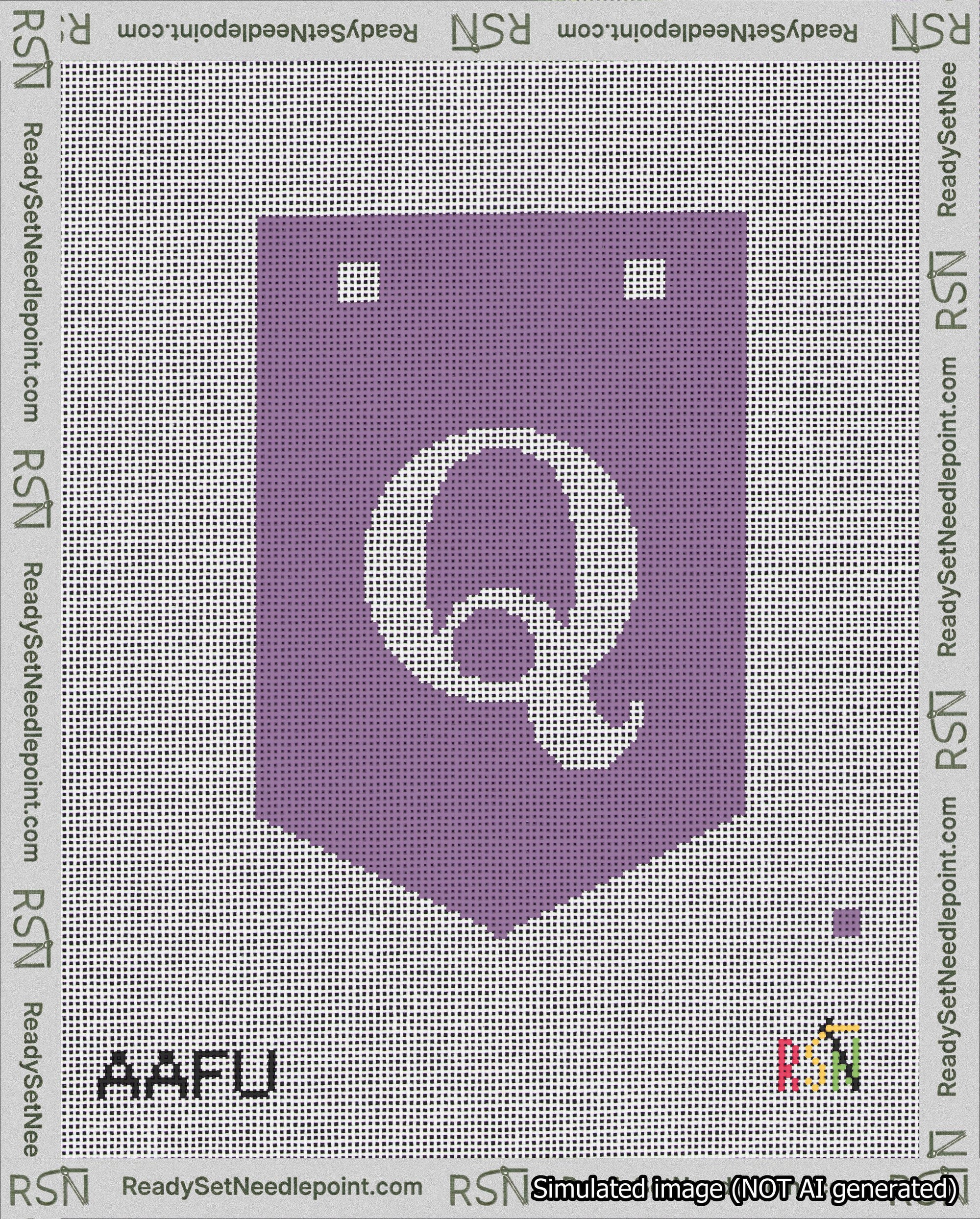 A taped needlepoint canvas with the design: Banner 18 mesh count Pointed Q White on Purple.