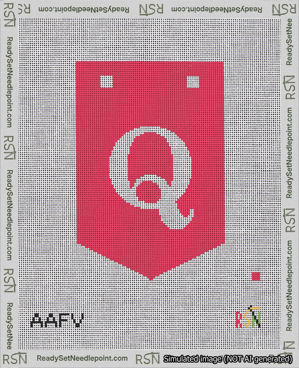 A taped needlepoint canvas with the design: Banner 18 mesh count Pointed Q White on Red.